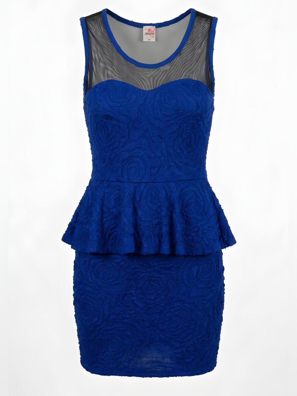 minerva M Medium Royal Blue Lace Peplum Mini Dress with Sheer Yoke